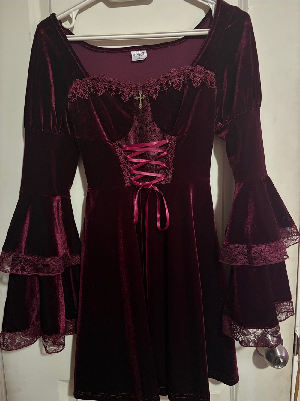 Velvet Lace-Up Burgundy Halloween Costume Dress with Bell Sleeves